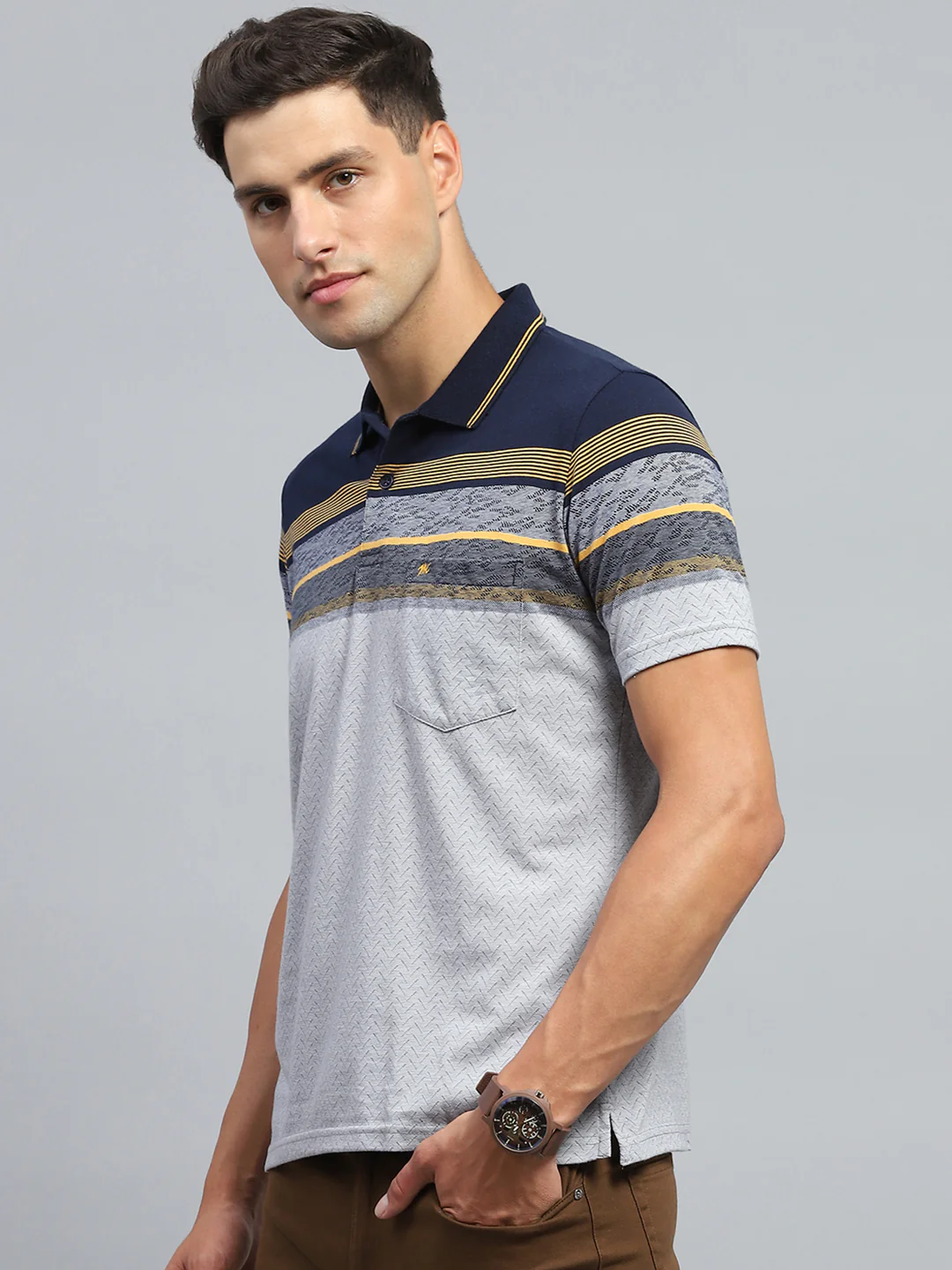Men Navy Blue Stripe Collar Half Sleeve T-Shirt - Image 3