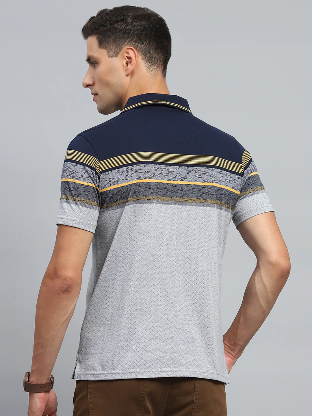 Men Navy Blue Stripe Collar Half Sleeve T-Shirt - Image 5