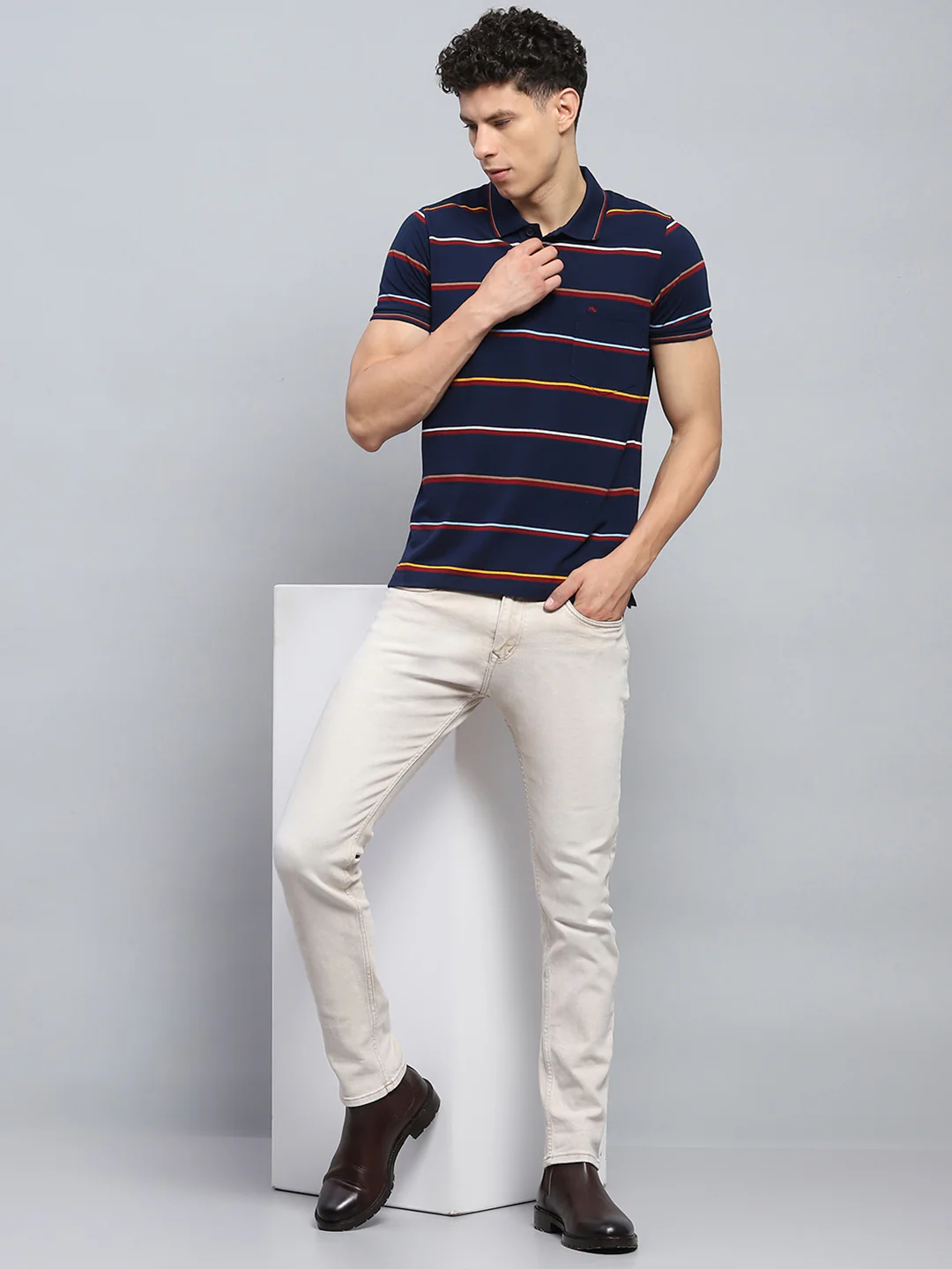 Men Navy Blue Stripe Collar Half Sleeve T-Shirt - Image 2