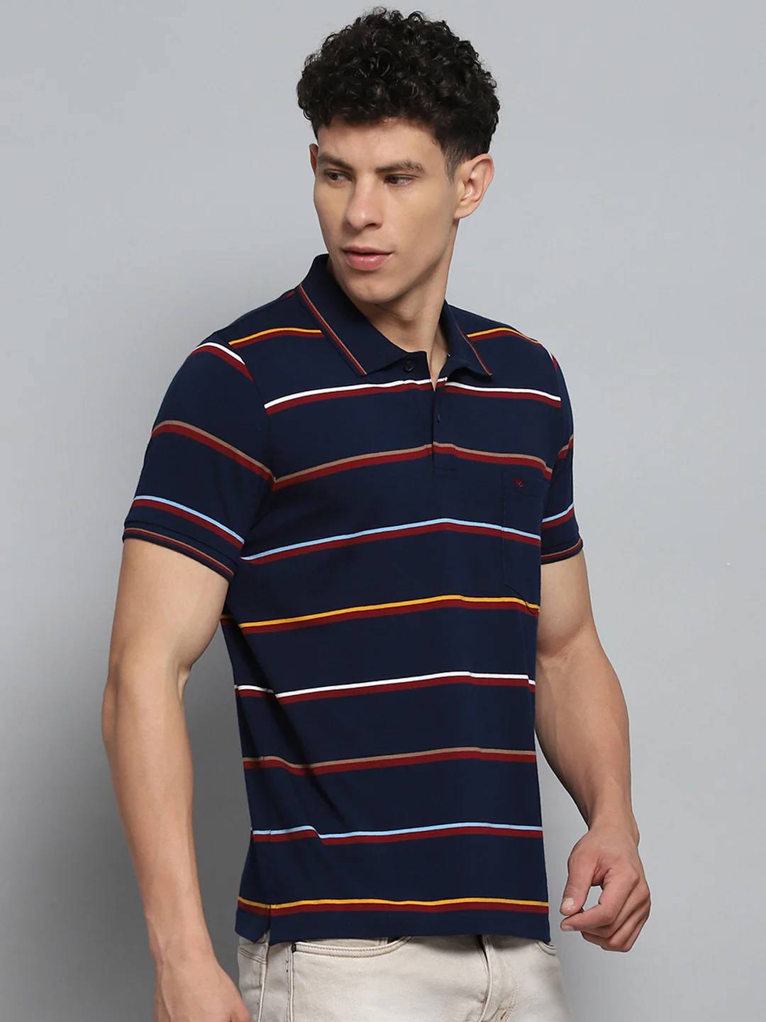 Men Navy Blue Stripe Collar Half Sleeve T-Shirt - Image 4