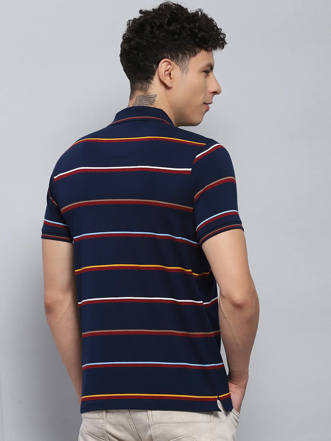Men Navy Blue Stripe Collar Half Sleeve T-Shirt - Image 5