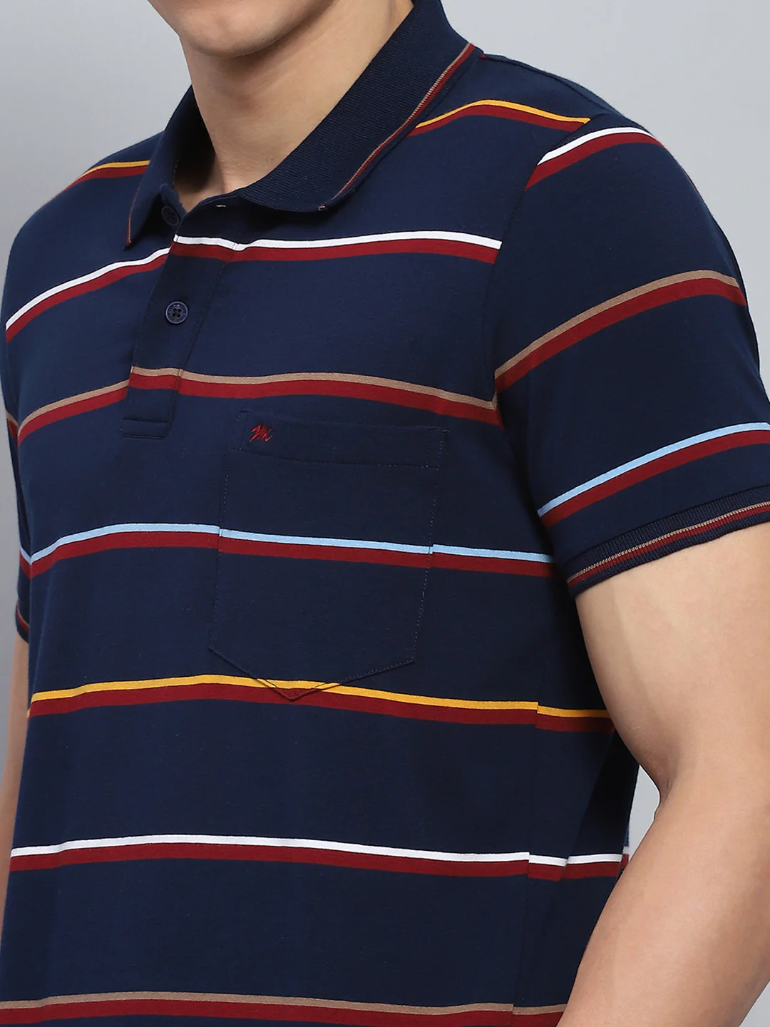 Men Navy Blue Stripe Collar Half Sleeve T-Shirt - Image 6