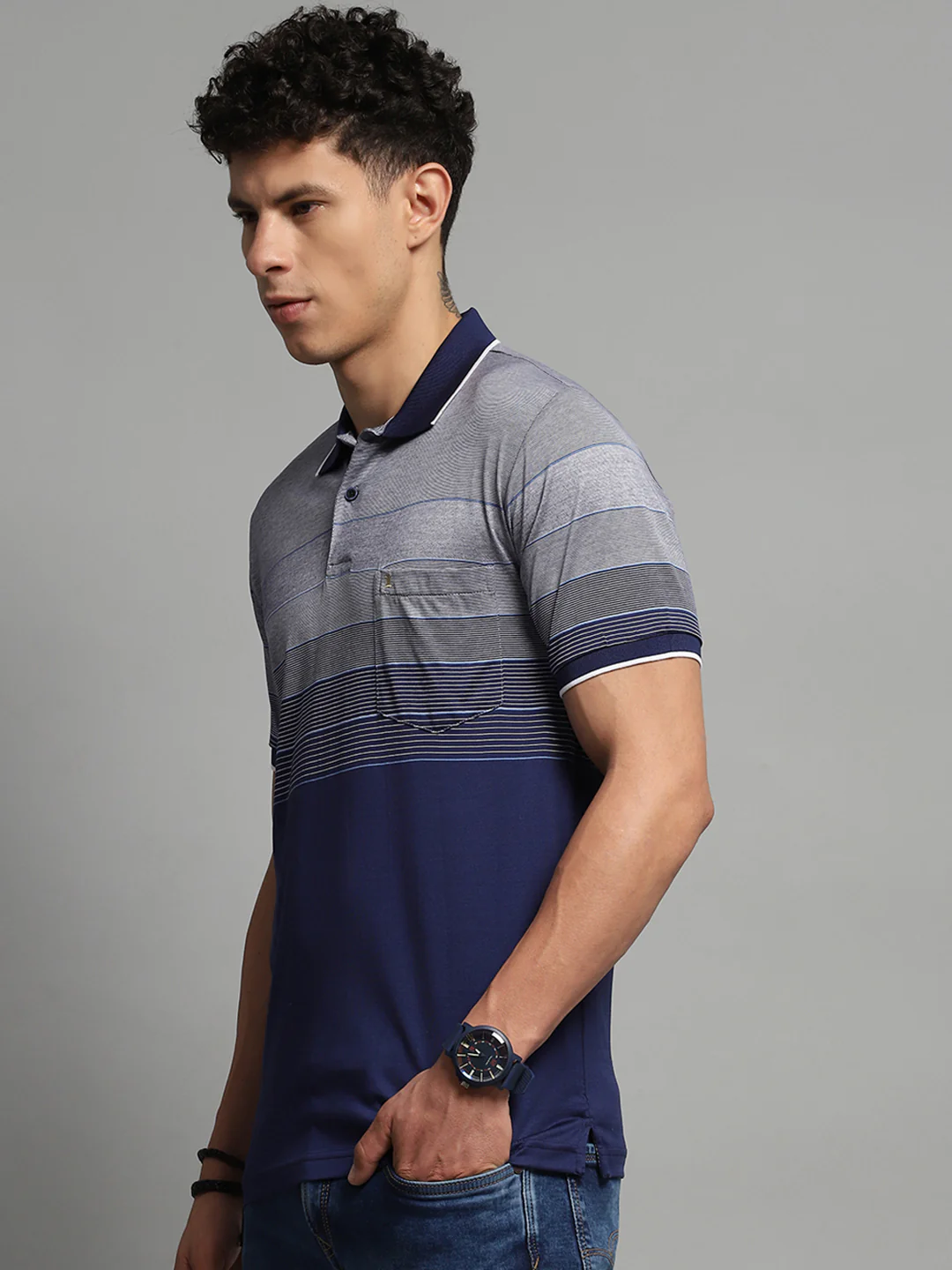 Luxuria Men Navy Blue Stripe Collar Half Sleeve T-Shirt - Image 3