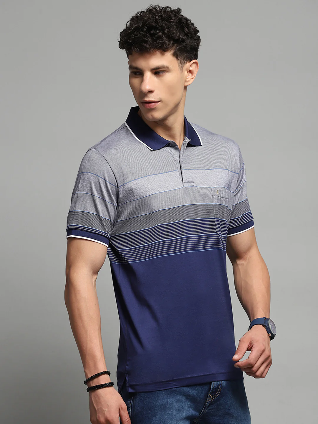 Luxuria Men Navy Blue Stripe Collar Half Sleeve T-Shirt - Image 4