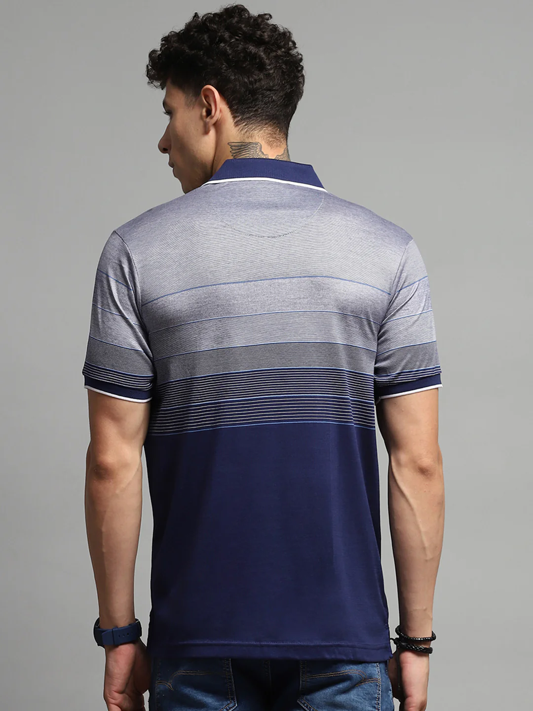 Luxuria Men Navy Blue Stripe Collar Half Sleeve T-Shirt - Image 5