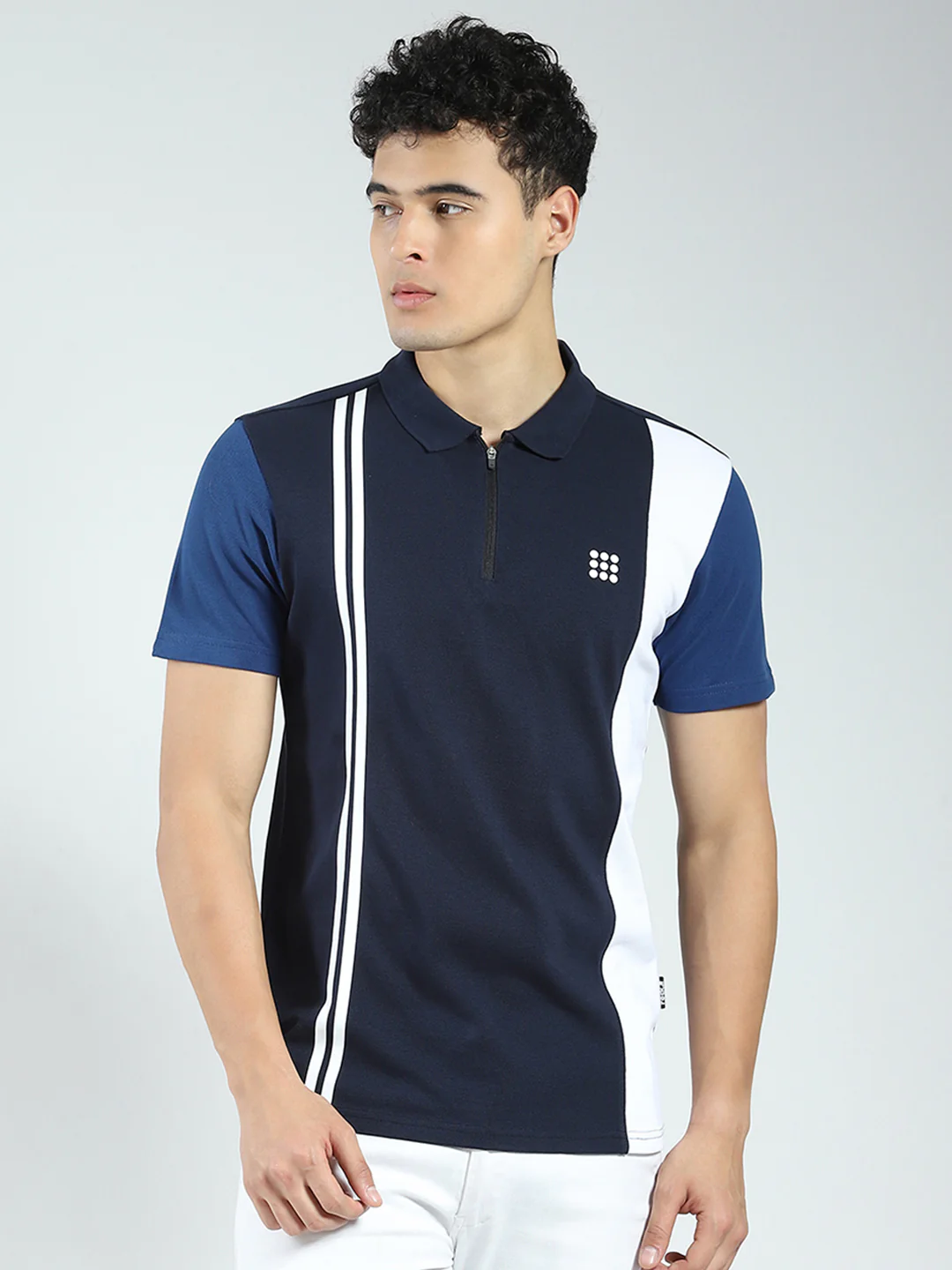 Rock.it Men Navy Blue Stripe Collar Half Sleeve T-Shirt