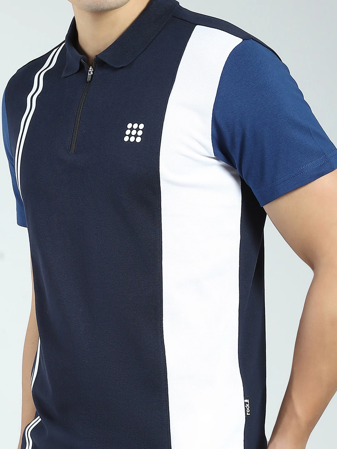 Rock.it Men Navy Blue Stripe Collar Half Sleeve T-Shirt - Image 6
