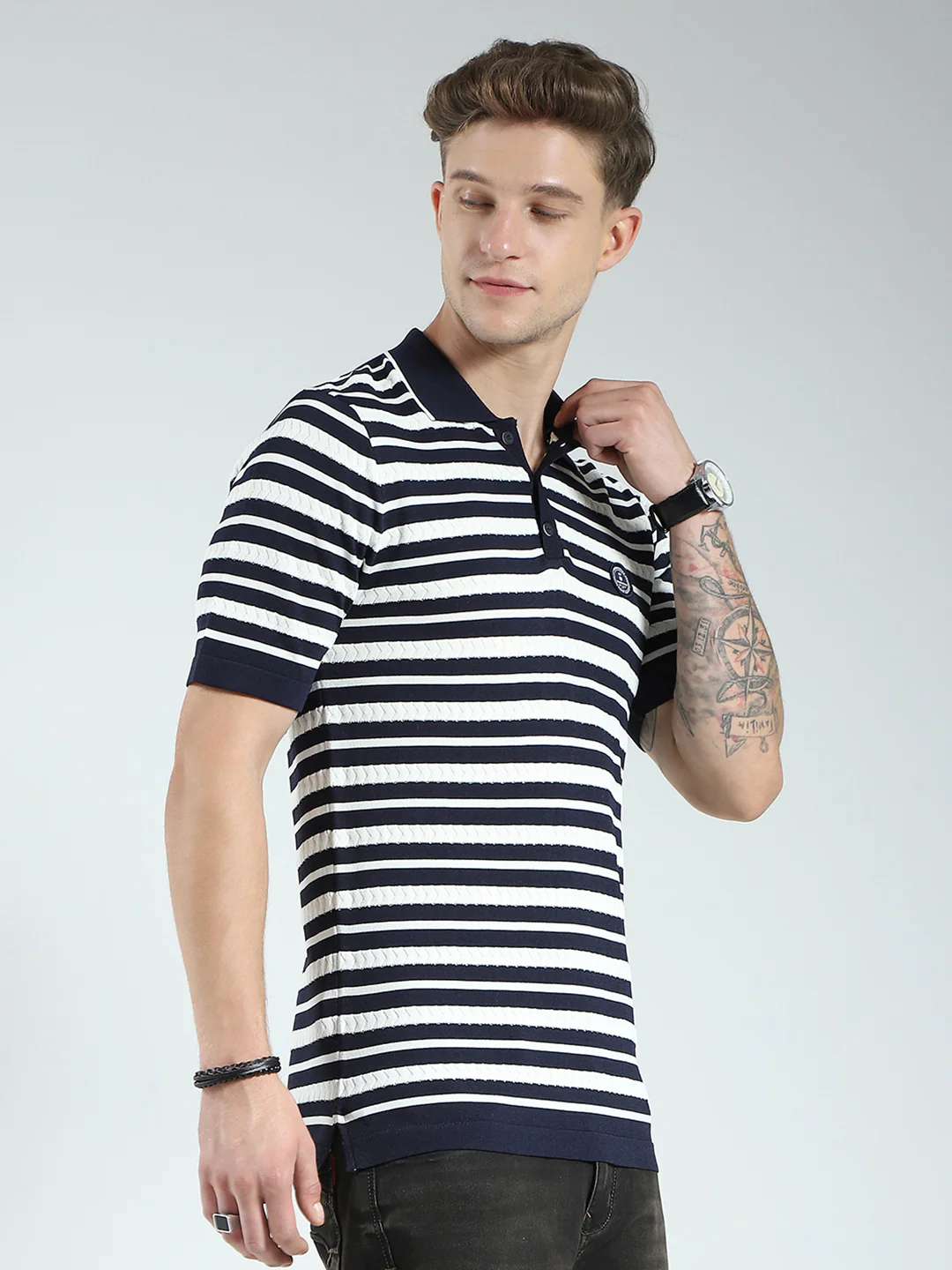Men Navy Blue Stripe Collar Half Sleeve T-Shirt - Image 4