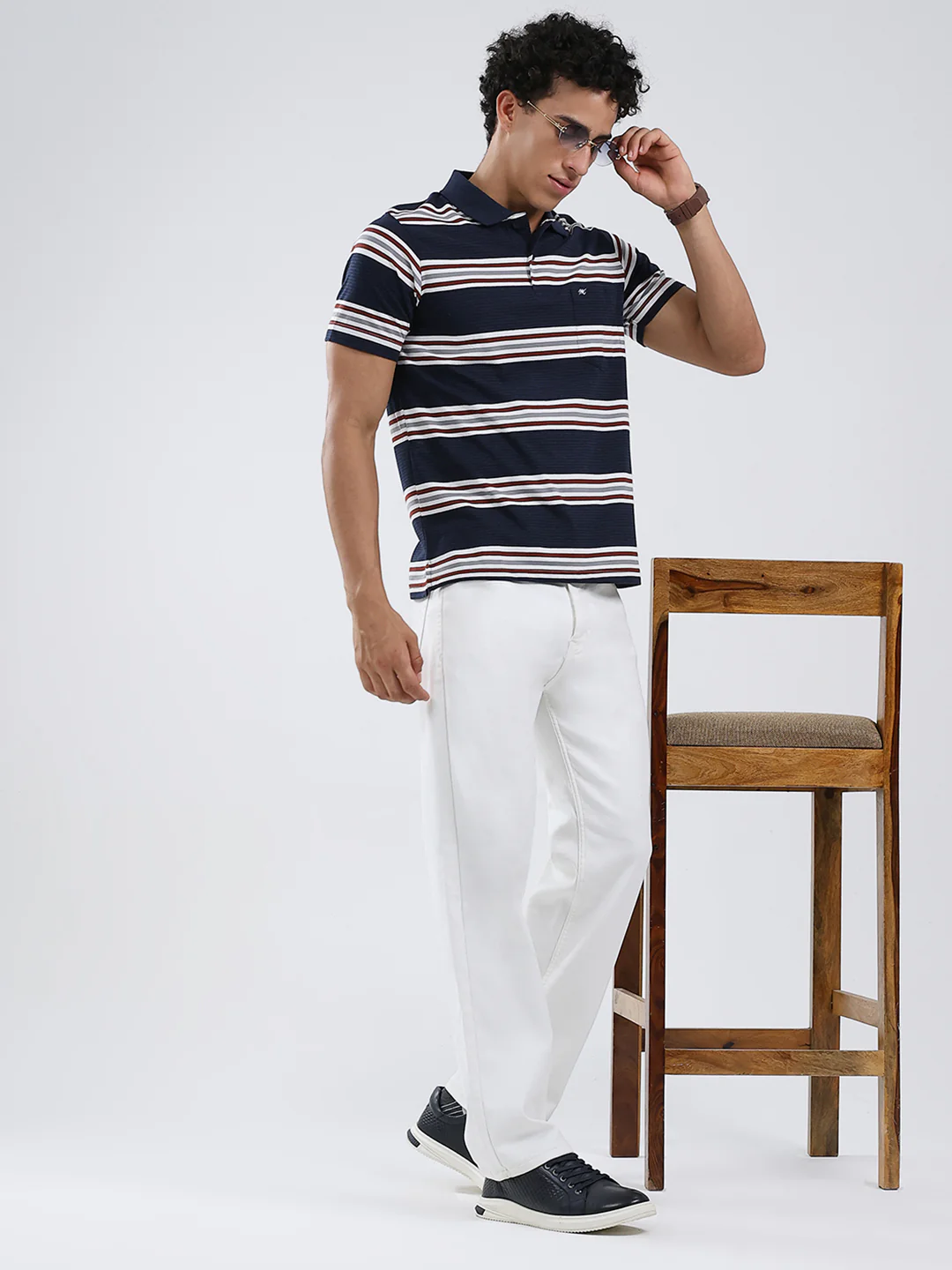 Men Navy Blue Stripe Collar Half Sleeve T-Shirt - Image 2