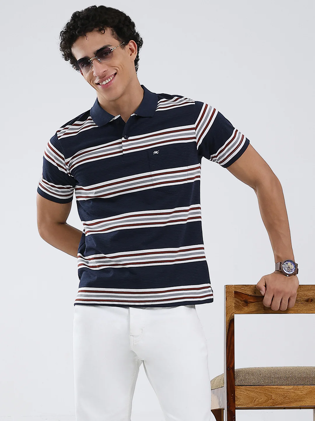 Men Navy Blue Stripe Collar Half Sleeve T-Shirt - Image 6