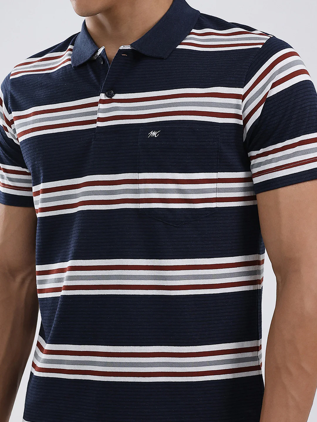 Men Navy Blue Stripe Collar Half Sleeve T-Shirt - Image 7