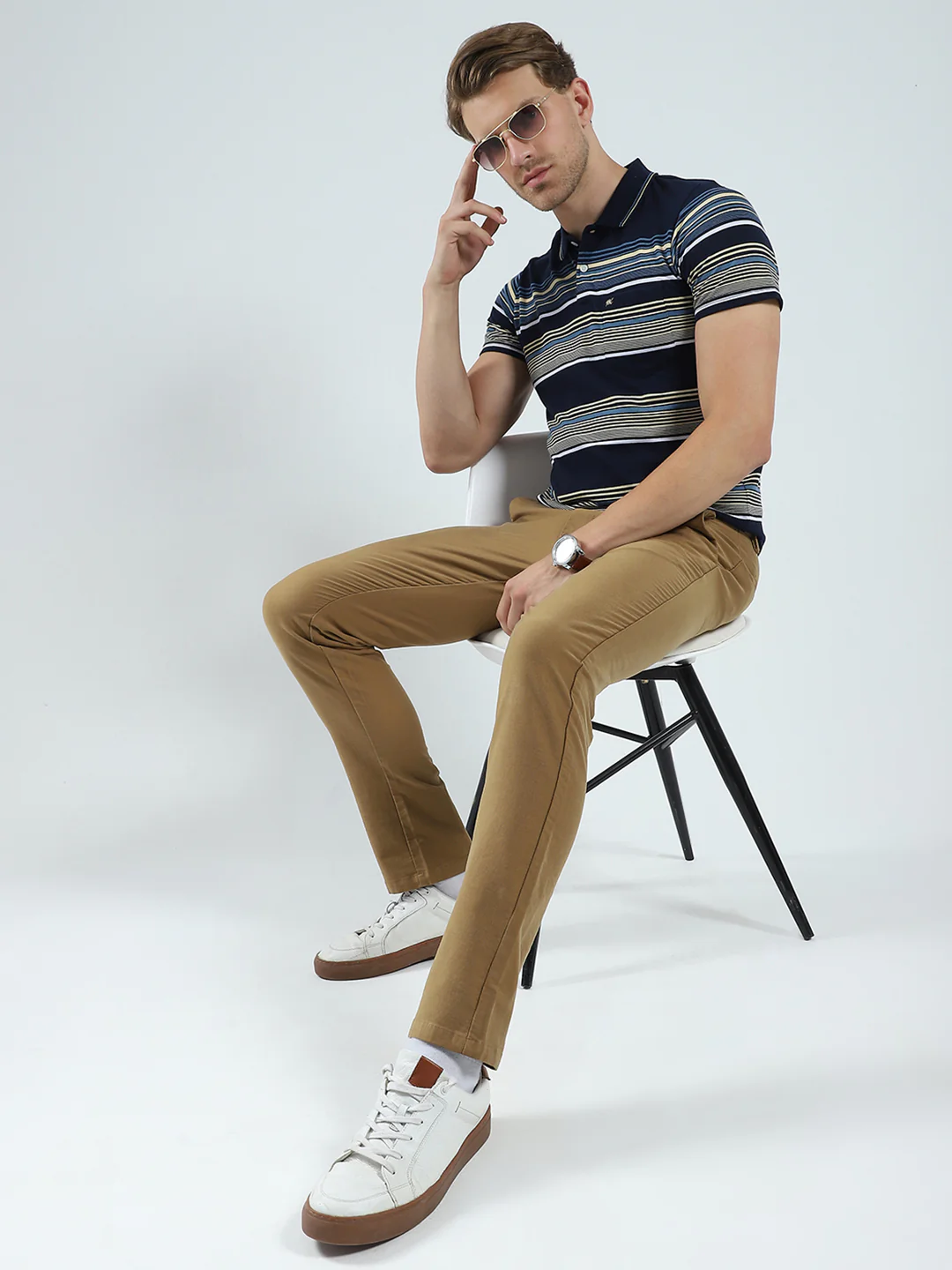Men Navy Blue Stripe Collar Half Sleeve T-Shirt - Image 2