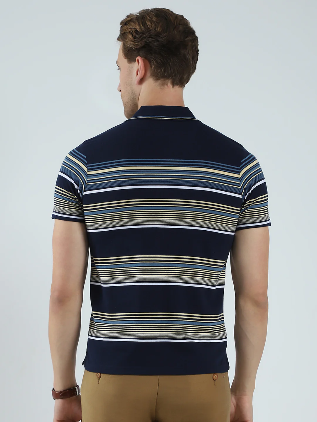 Men Navy Blue Stripe Collar Half Sleeve T-Shirt - Image 5