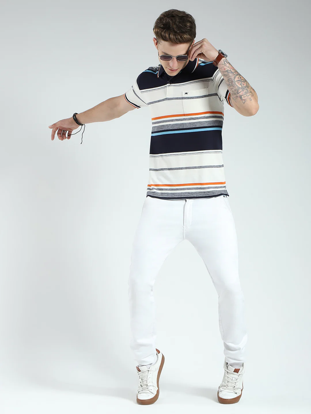 Men Navy Blue Stripe Collar Half Sleeve T-Shirt - Image 2