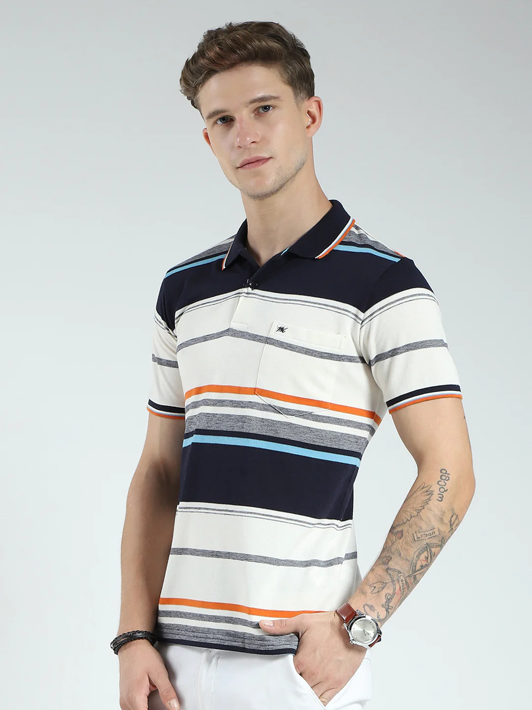 Men Navy Blue Stripe Collar Half Sleeve T-Shirt - Image 3