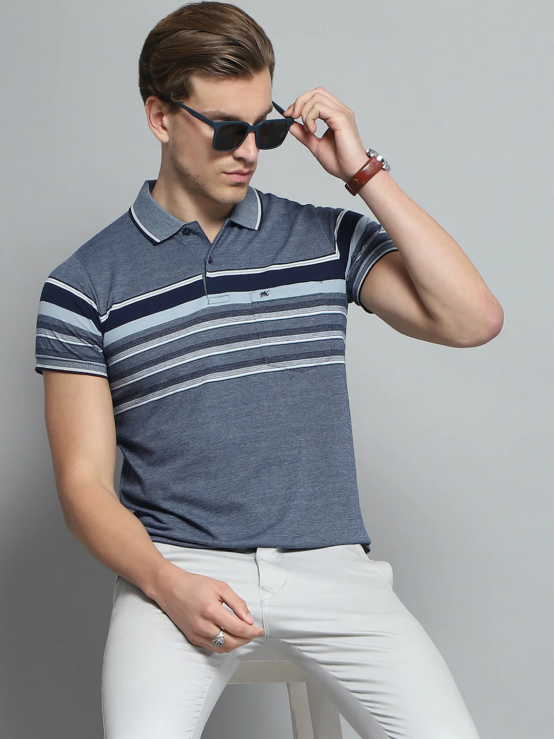 Men Navy Blue Stripe Collar Half Sleeve T-Shirt - Image 6