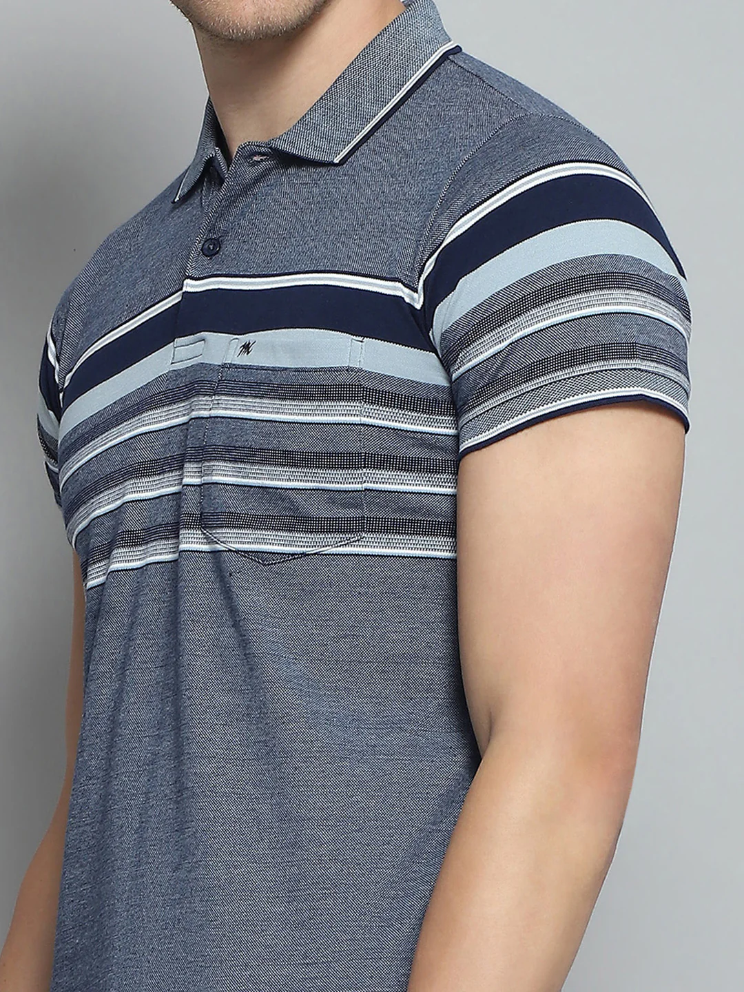 Men Navy Blue Stripe Collar Half Sleeve T-Shirt - Image 7