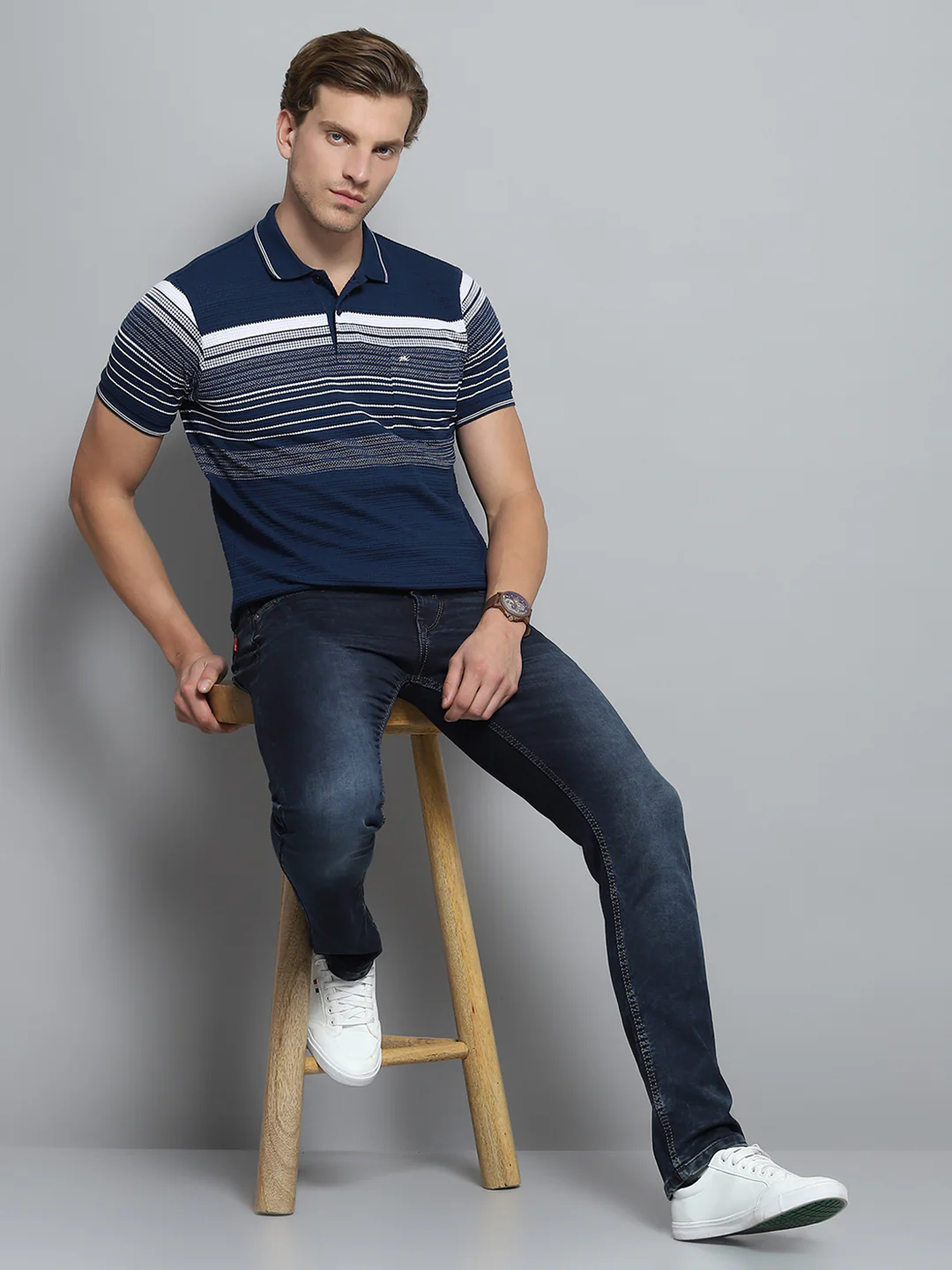Men Navy Blue Stripe Collar Half Sleeve T-Shirt - Image 2