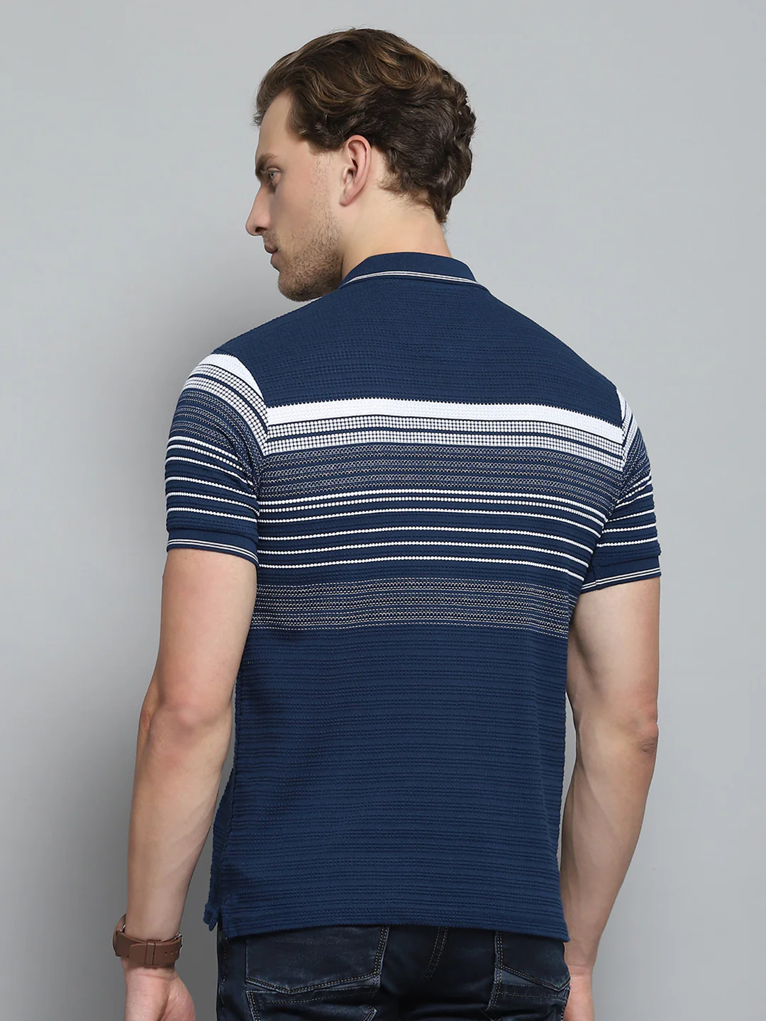 Men Navy Blue Stripe Collar Half Sleeve T-Shirt - Image 5