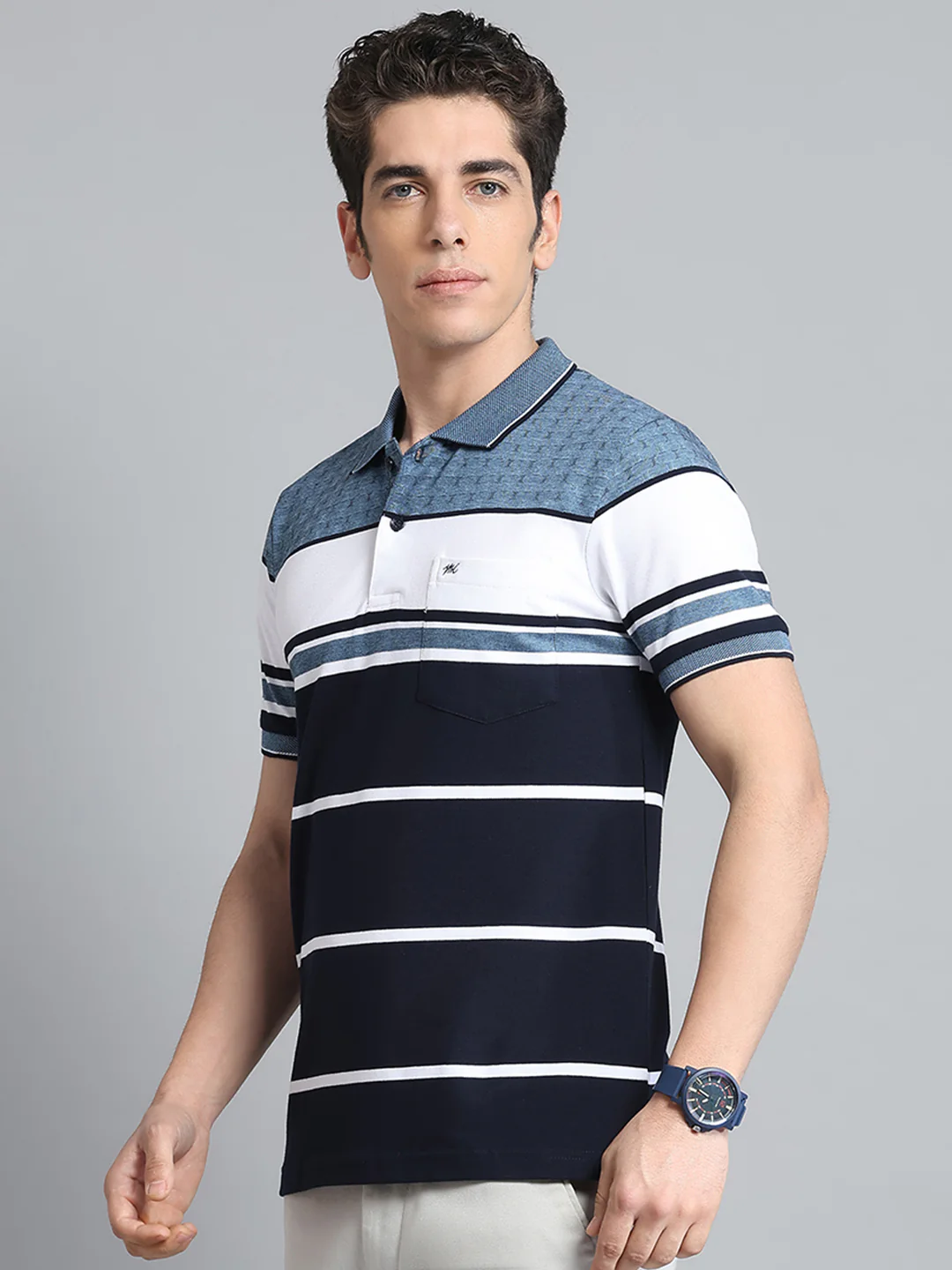 Men Navy Blue Stripe Collar Half Sleeve T-Shirt - Image 3