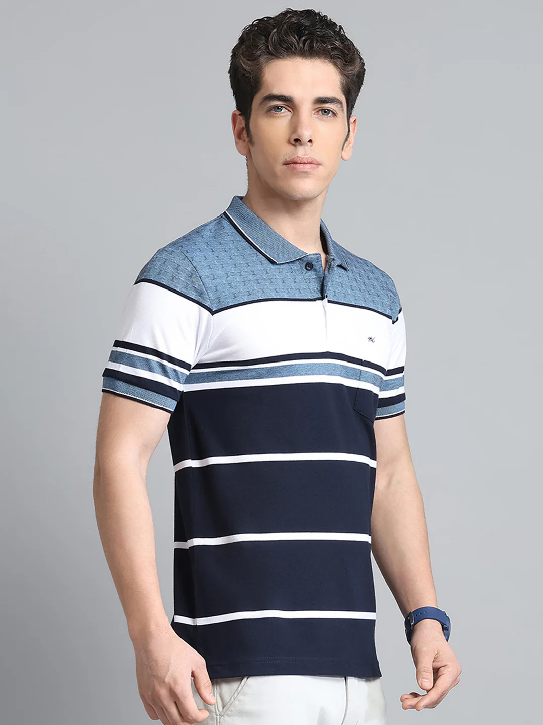 Men Navy Blue Stripe Collar Half Sleeve T-Shirt - Image 4