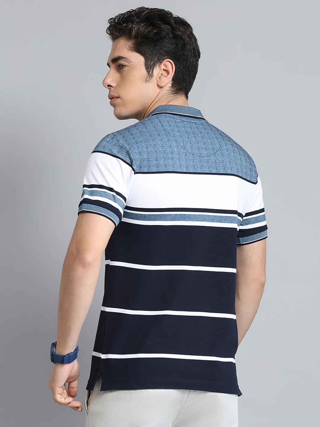 Men Navy Blue Stripe Collar Half Sleeve T-Shirt - Image 5