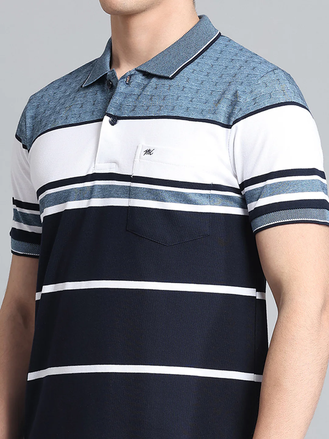 Men Navy Blue Stripe Collar Half Sleeve T-Shirt - Image 6
