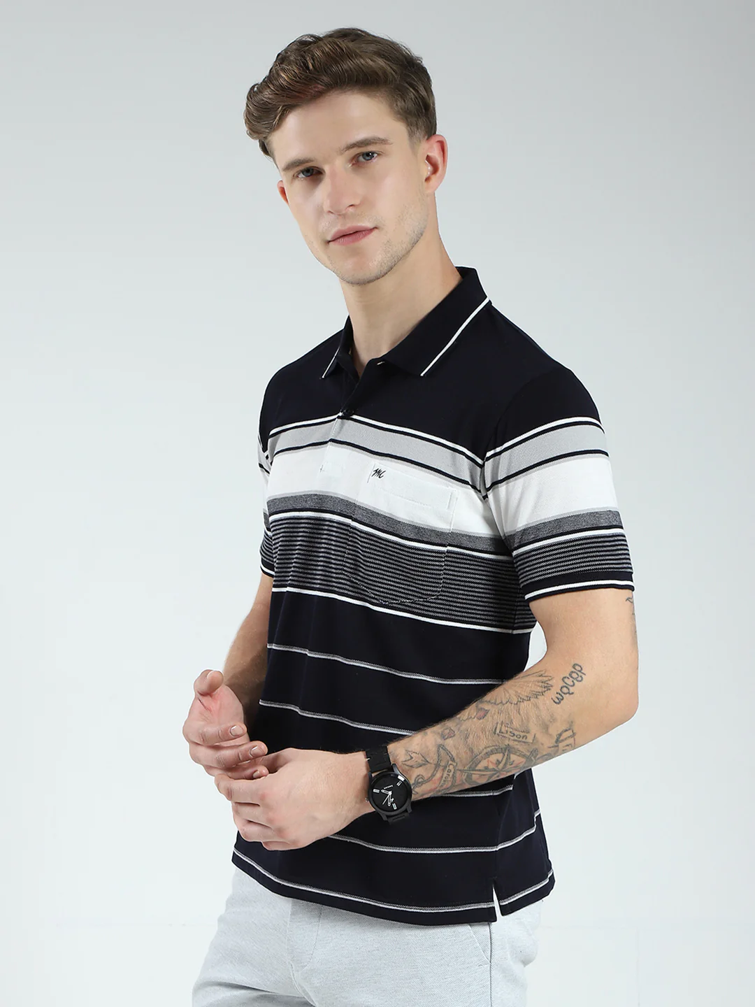 Men Navy Blue Stripe Collar Half Sleeve T-Shirt - Image 3