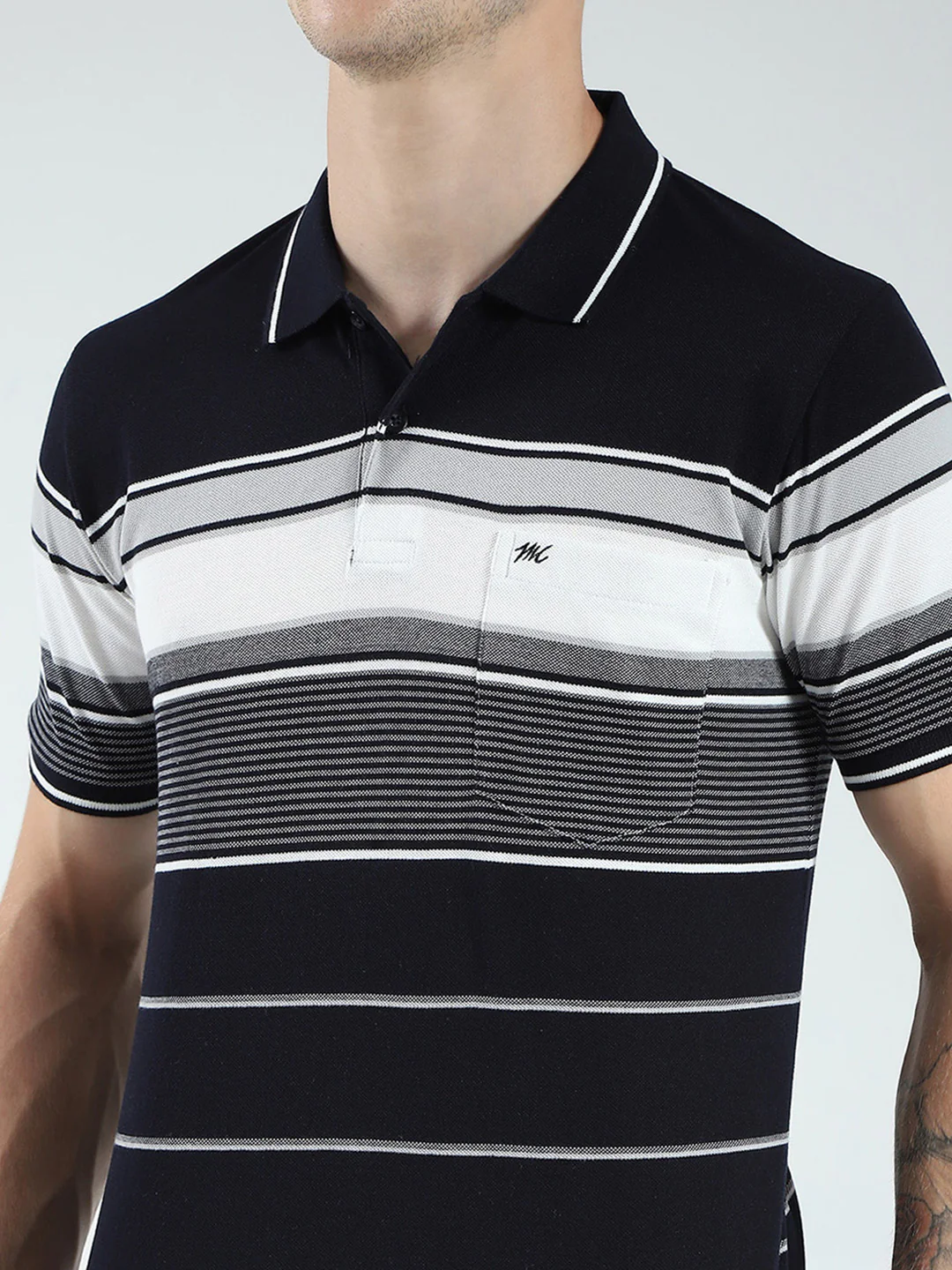 Men Navy Blue Stripe Collar Half Sleeve T-Shirt - Image 7