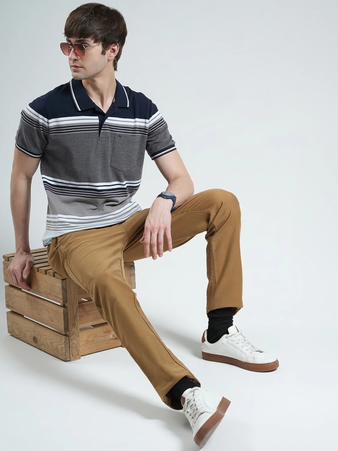 Men Navy Blue Stripe Collar Half Sleeve T-Shirt - Image 2