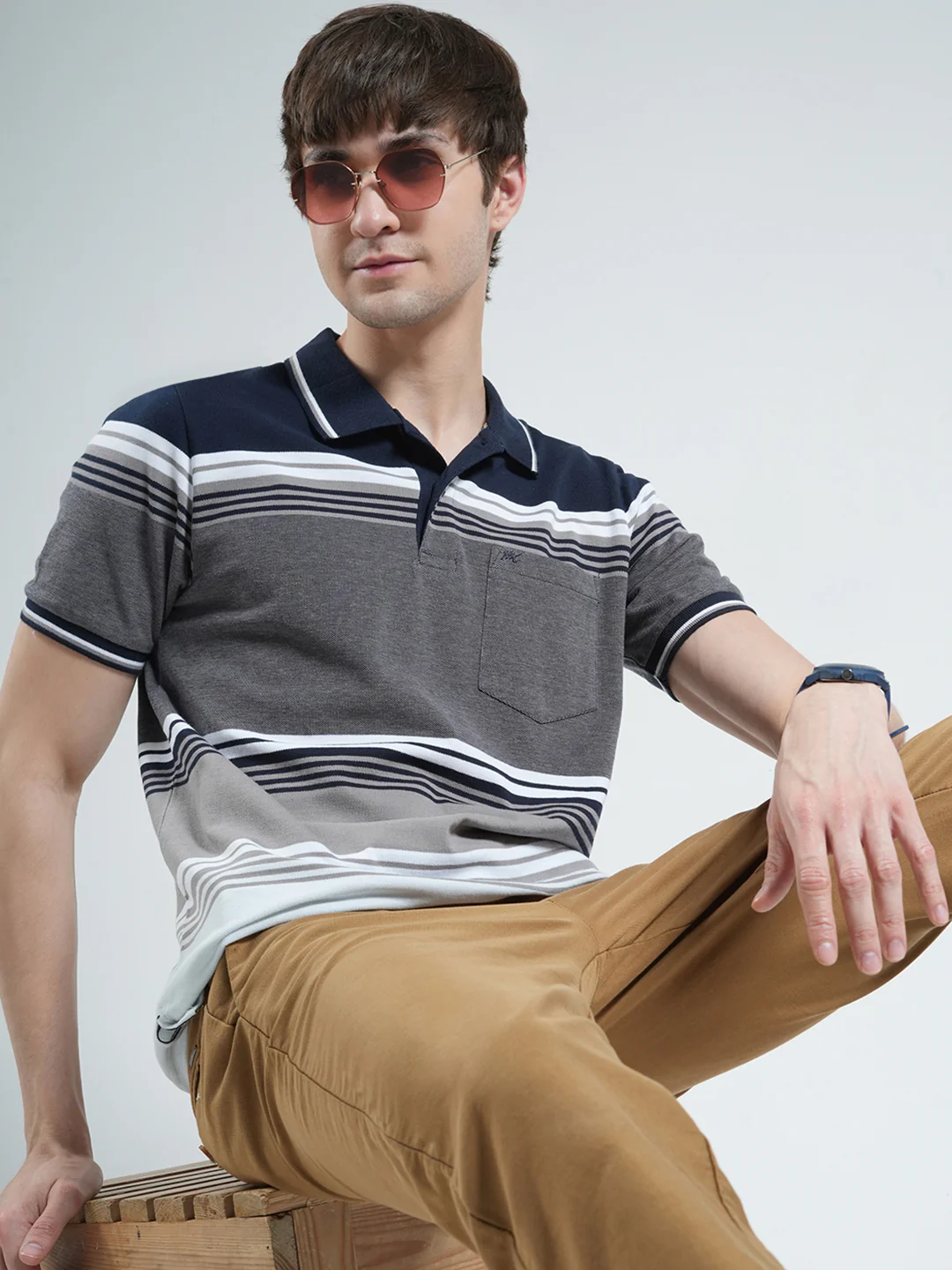 Men Navy Blue Stripe Collar Half Sleeve T-Shirt - Image 6