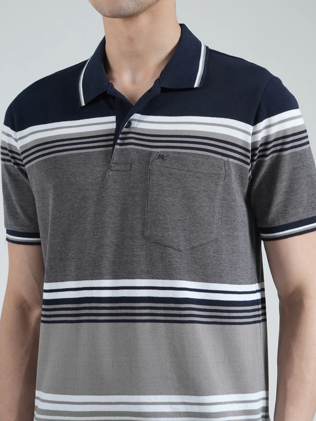 Men Navy Blue Stripe Collar Half Sleeve T-Shirt - Image 7
