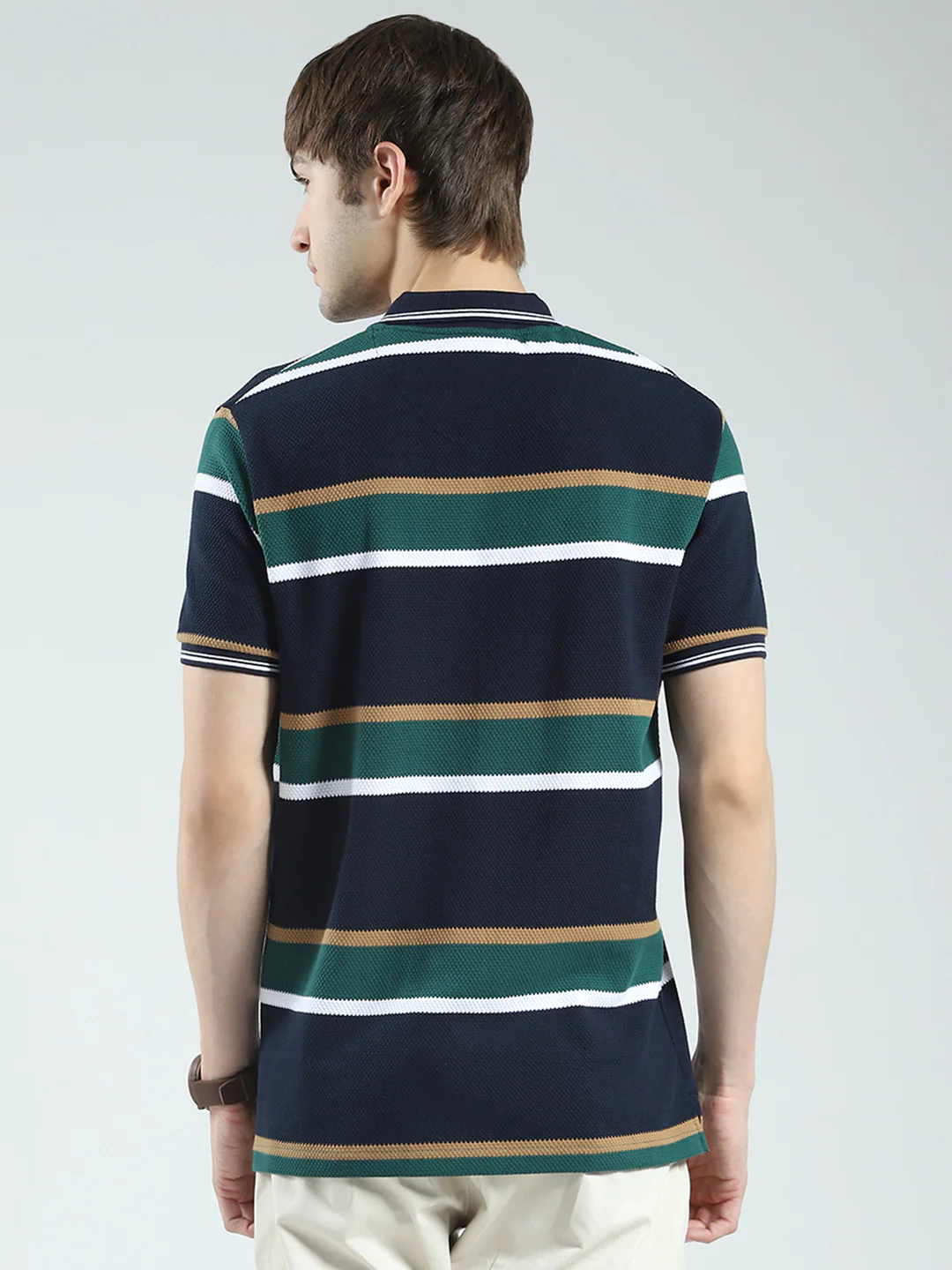 Men Navy Blue Stripe Collar Half Sleeve T-Shirt - Image 5