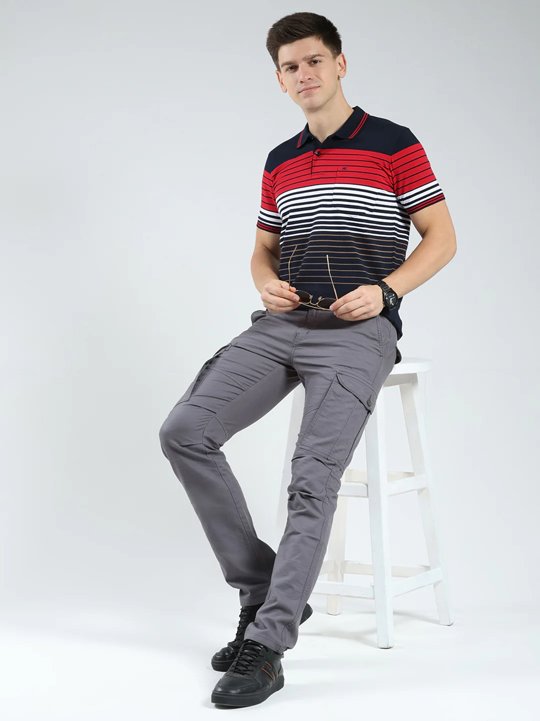 Men Navy Blue Stripe Collar Half Sleeve T-Shirt - Image 2