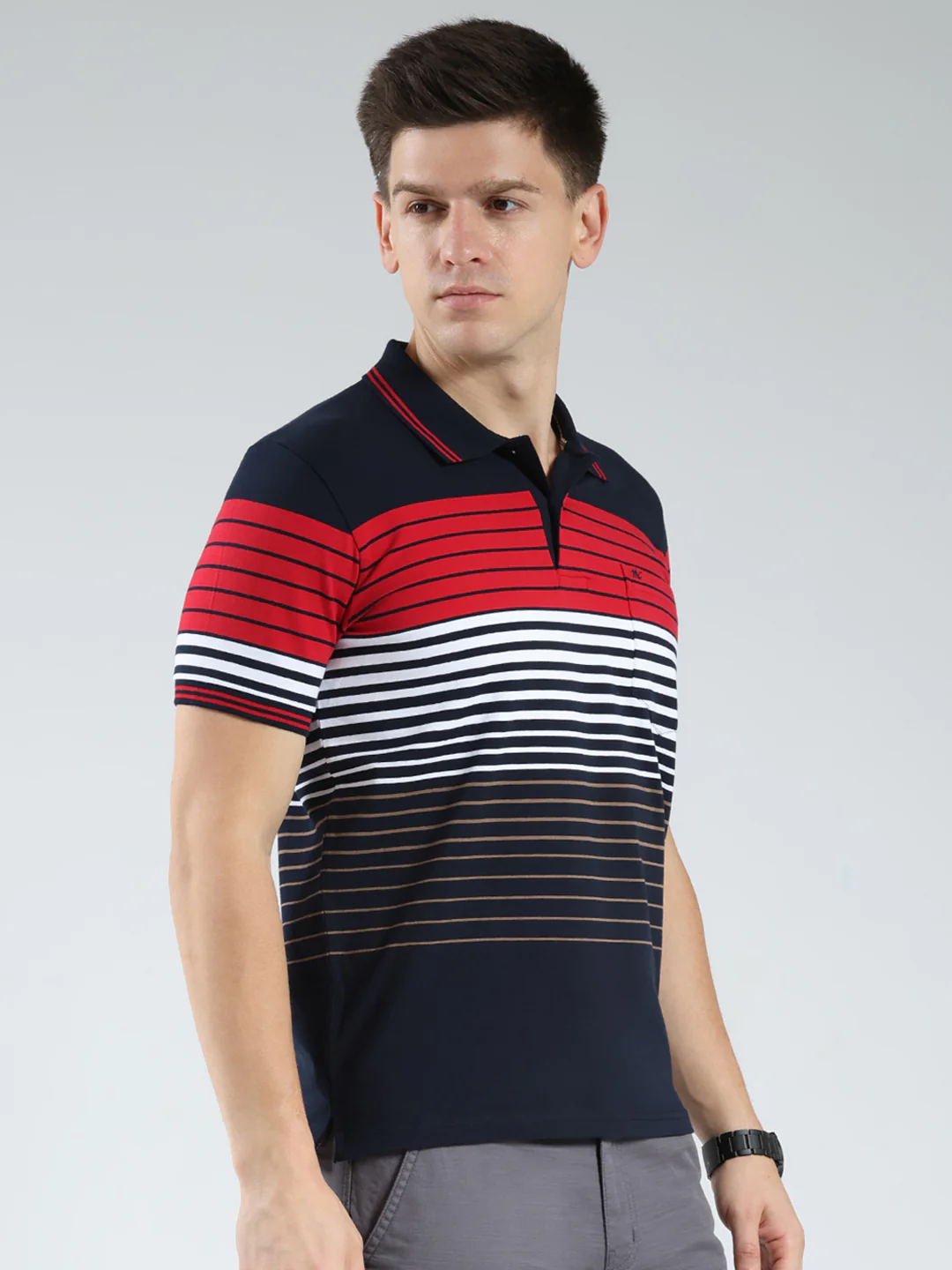 Men Navy Blue Stripe Collar Half Sleeve T-Shirt - Image 4