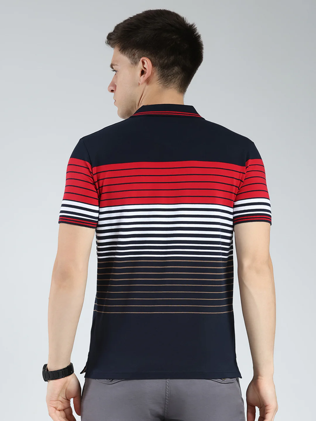 Men Navy Blue Stripe Collar Half Sleeve T-Shirt - Image 5