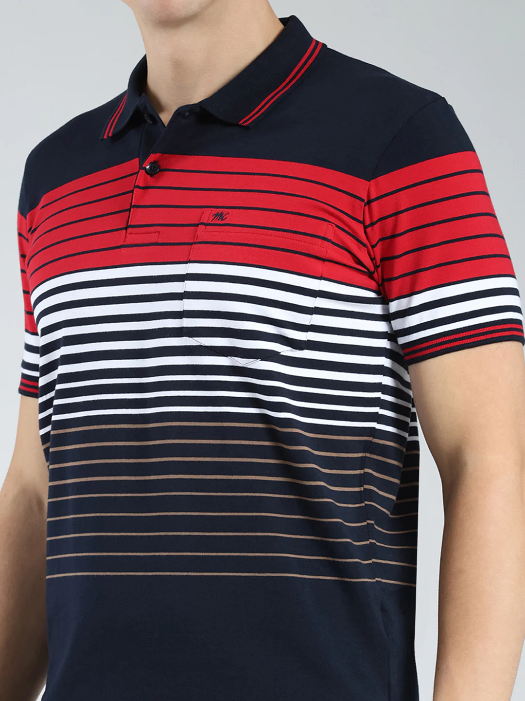 Men Navy Blue Stripe Collar Half Sleeve T-Shirt - Image 6