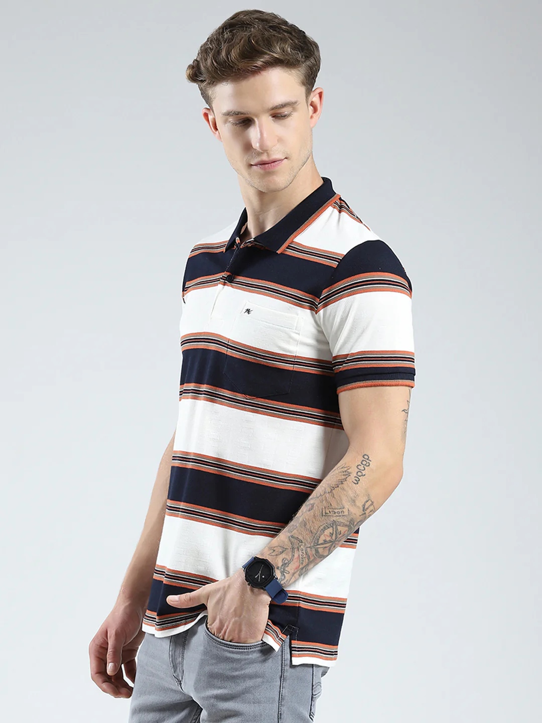 Men Navy Blue Stripe Collar Half Sleeve T-Shirt - Image 3