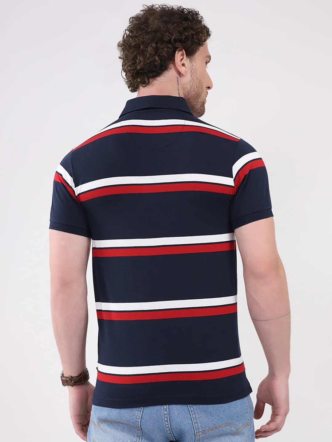 Men Navy Blue Stripe Collar Half Sleeve T-Shirt - Image 5