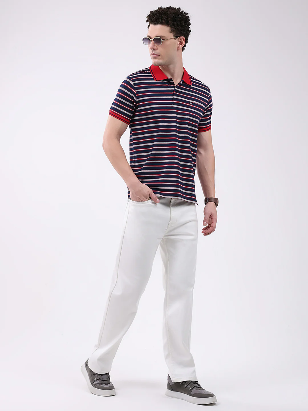 Men Navy Blue Stripe Collar Half Sleeve T-Shirt - Image 2