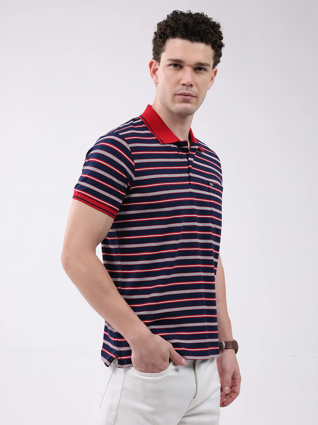 Men Navy Blue Stripe Collar Half Sleeve T-Shirt - Image 3