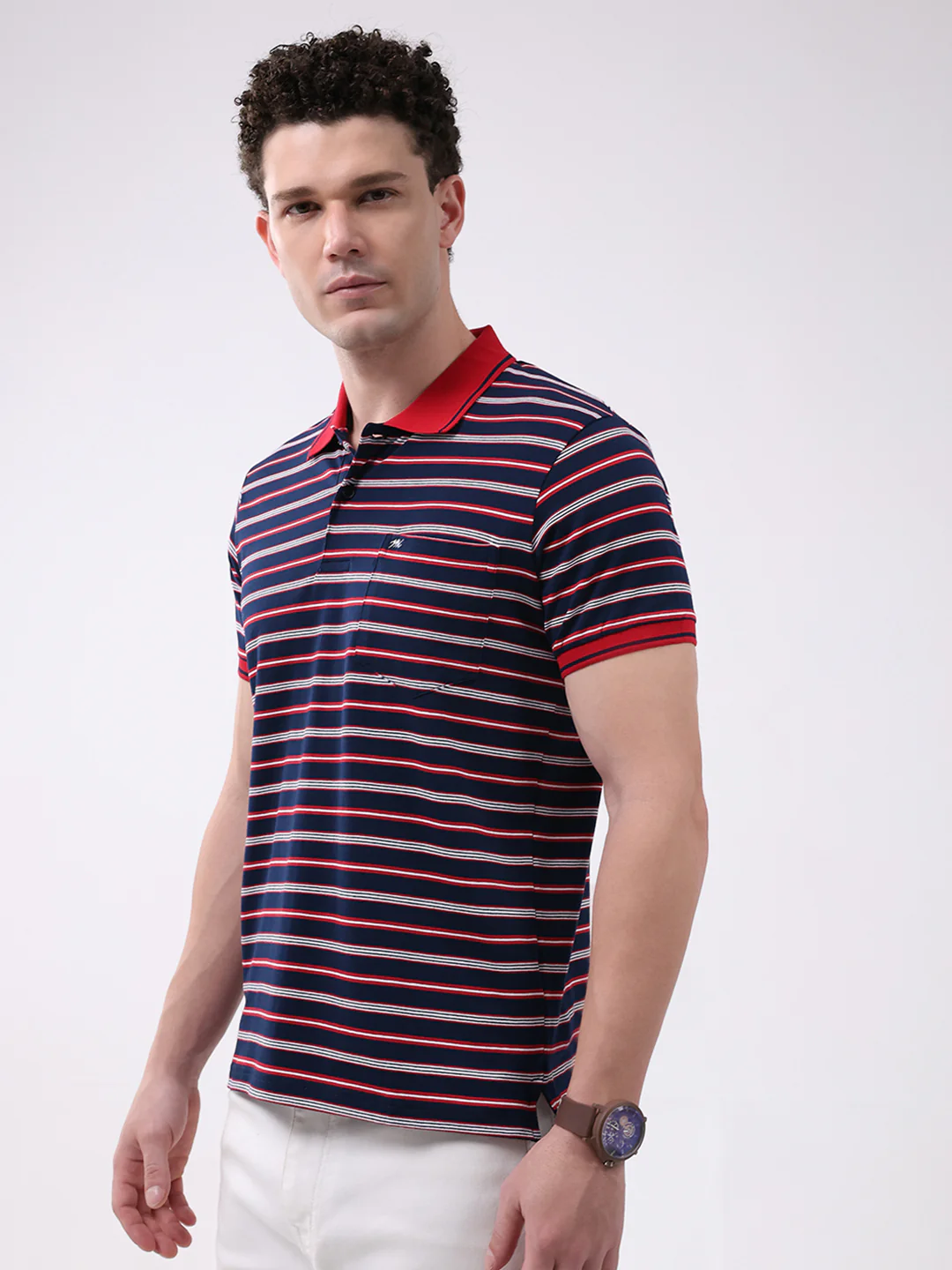 Men Navy Blue Stripe Collar Half Sleeve T-Shirt - Image 4