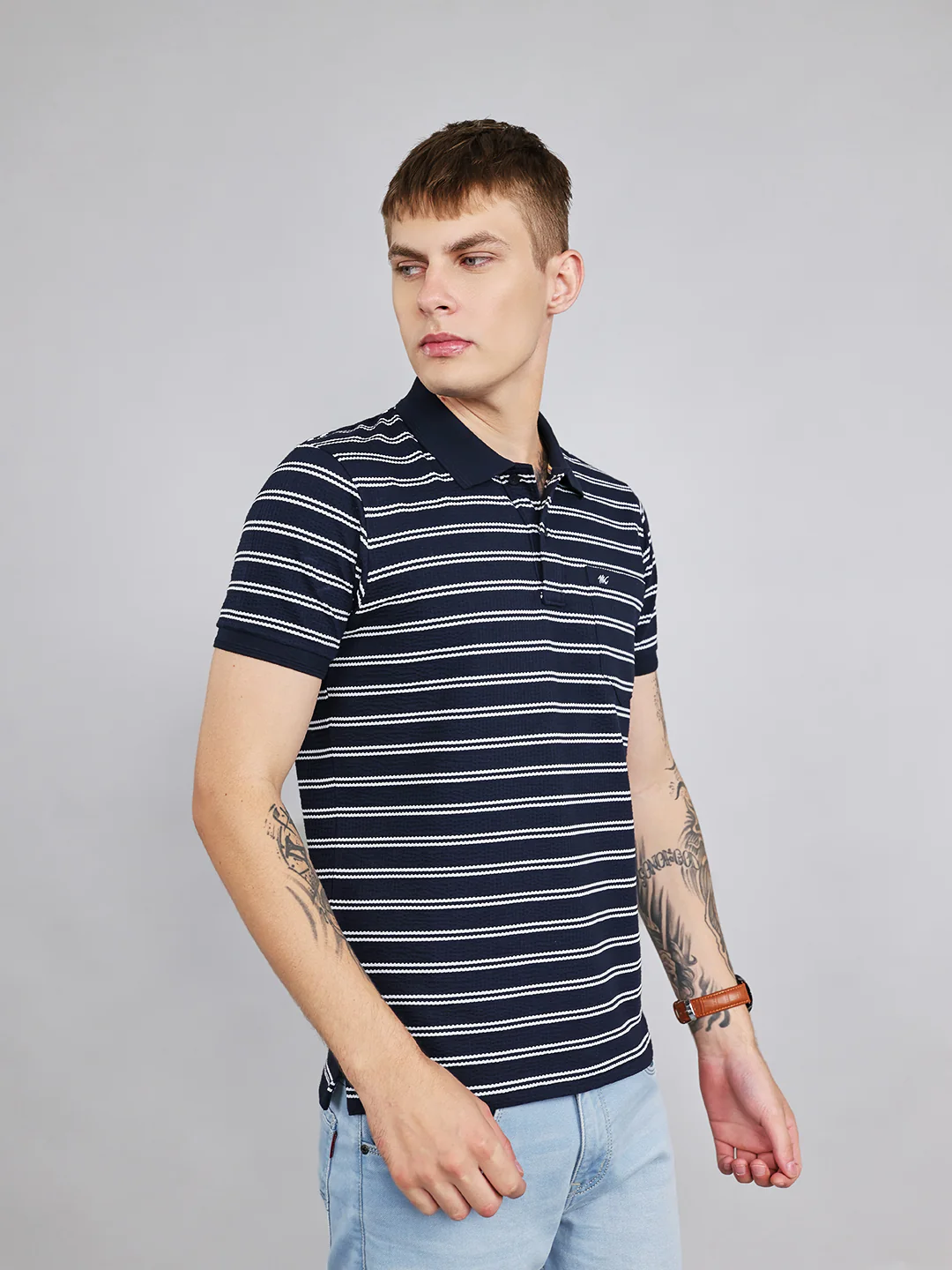 Men Navy Blue Stripe Collar Half Sleeve T-Shirt - Image 2