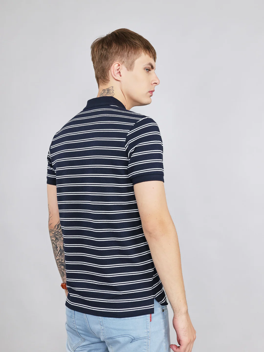 Men Navy Blue Stripe Collar Half Sleeve T-Shirt - Image 3