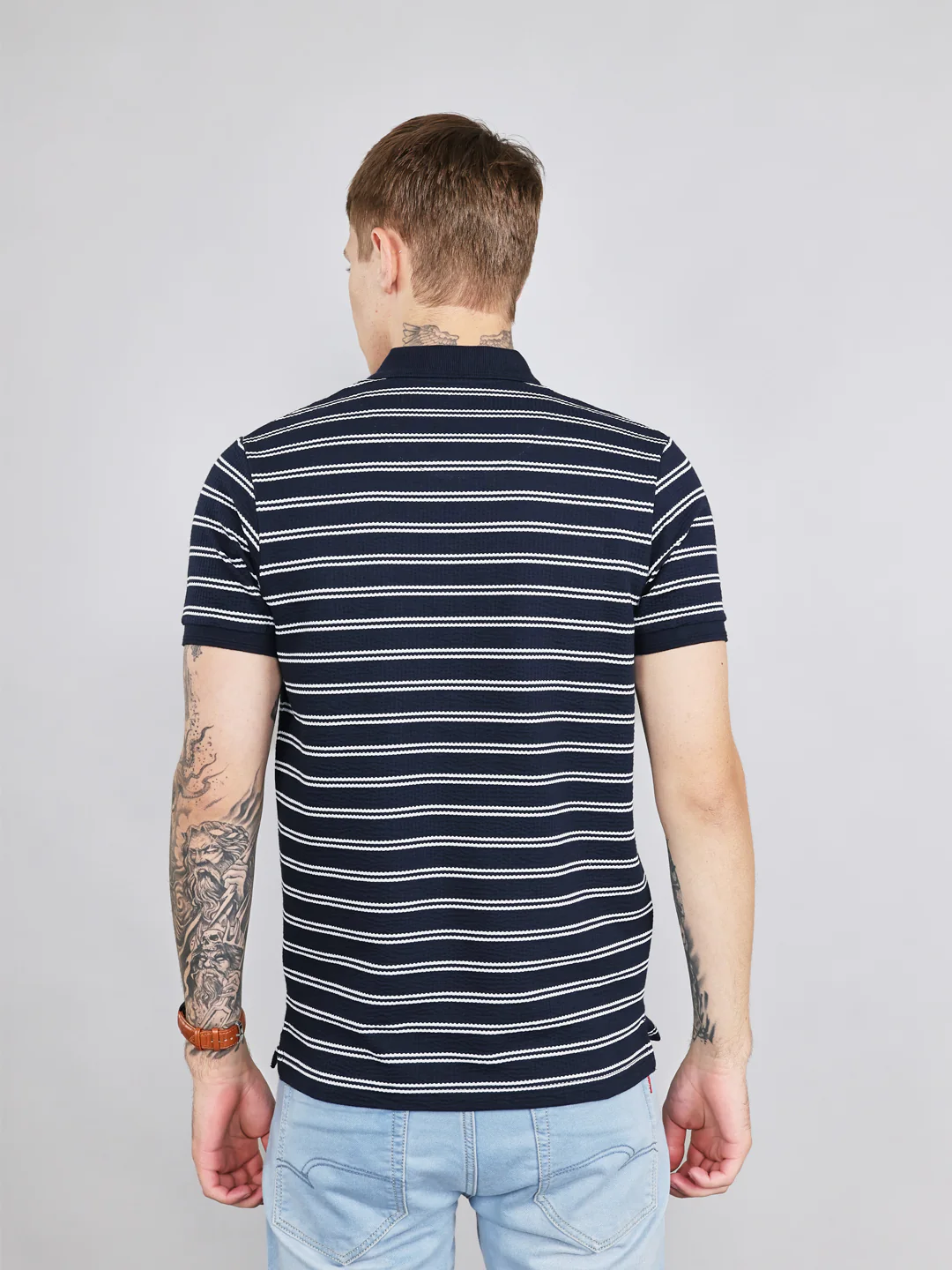 Men Navy Blue Stripe Collar Half Sleeve T-Shirt - Image 4