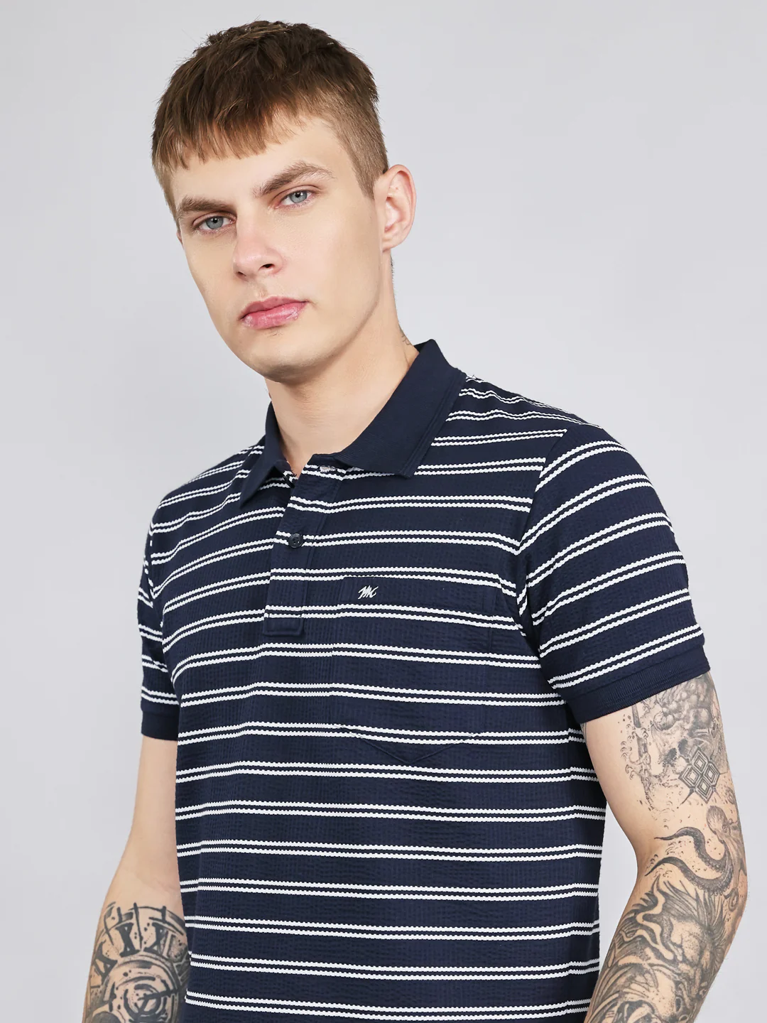Men Navy Blue Stripe Collar Half Sleeve T-Shirt - Image 5
