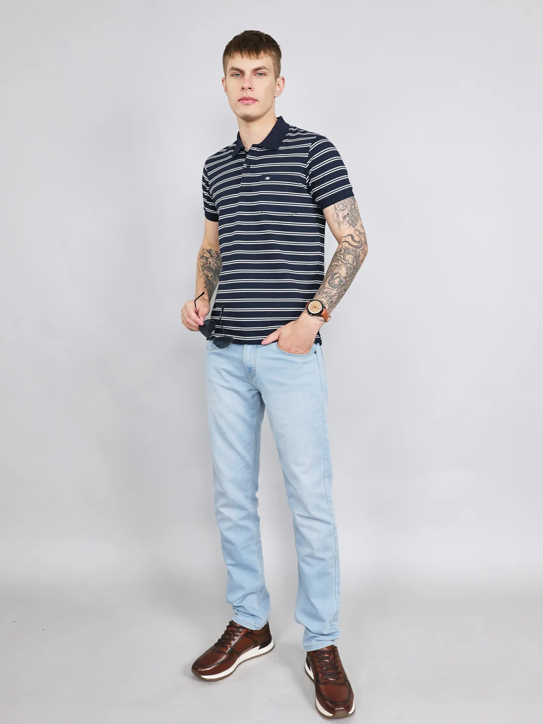 Men Navy Blue Stripe Collar Half Sleeve T-Shirt - Image 6