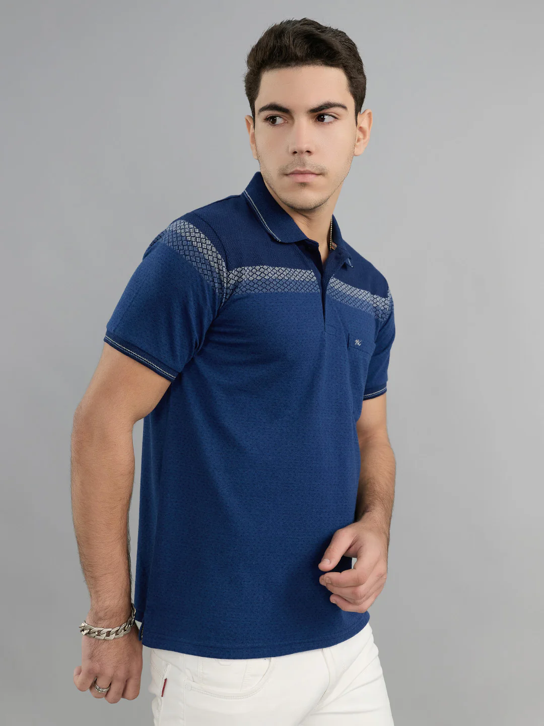 Men Navy Blue Stripe Collar Half Sleeve T-Shirt - Image 3