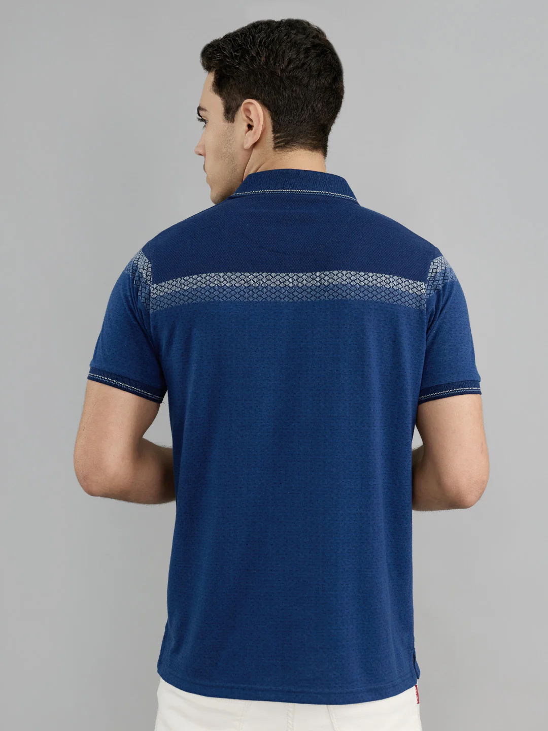 Men Navy Blue Stripe Collar Half Sleeve T-Shirt - Image 4