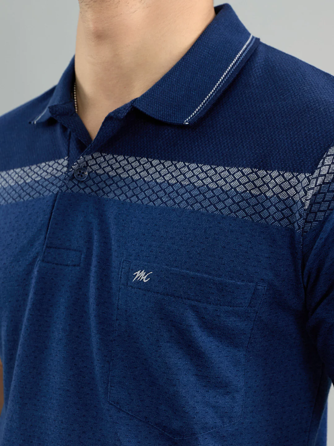 Men Navy Blue Stripe Collar Half Sleeve T-Shirt - Image 5